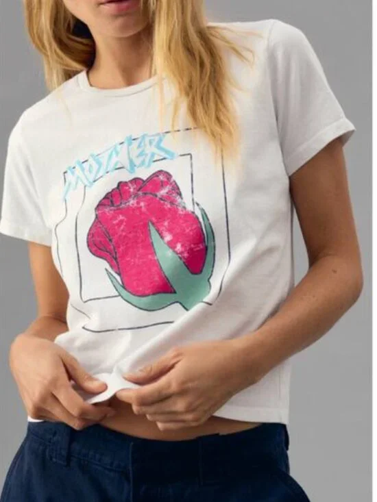 MOTHER The Cropped Itty Bitty Goodie Tee- White/Red/Green Rose- Little Bud- M - Picture 2 of 10